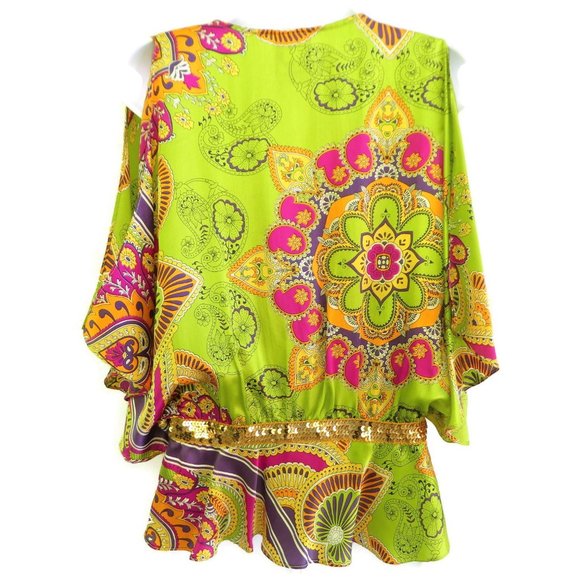 SOLD Evolve Kimono Top Sequin Waist Lime Pink  Butterfly Lotus New Age USA - Picture 4 of 10